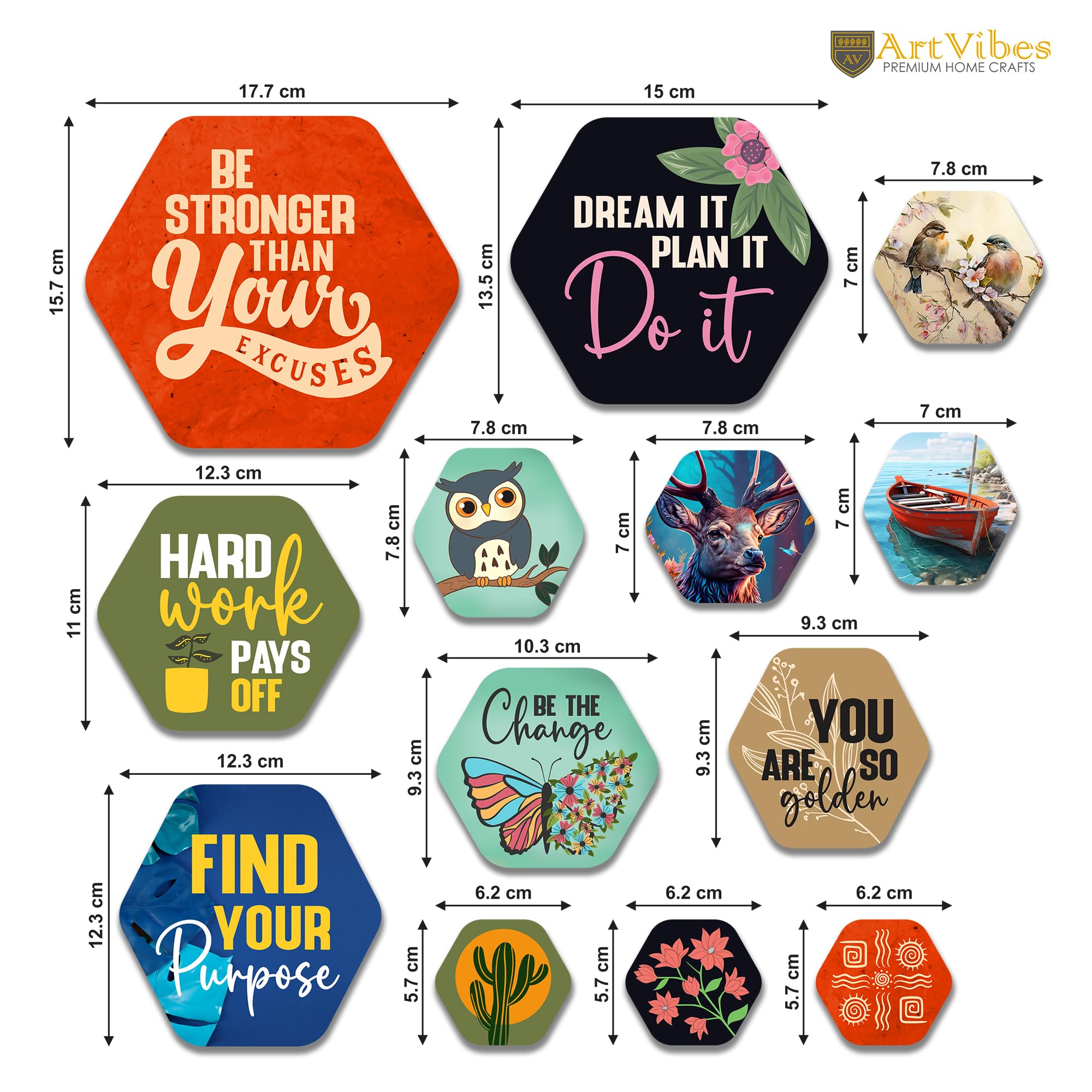 Artvibes Find Your Purpose Hexagon Shape MDF Wooden Wall Decor Items | Quotes Decor Item | Motivational Wall Decor | Wall Accent | Gift Items | Office Wall Decoration Items (WPS_227N), Set of 13