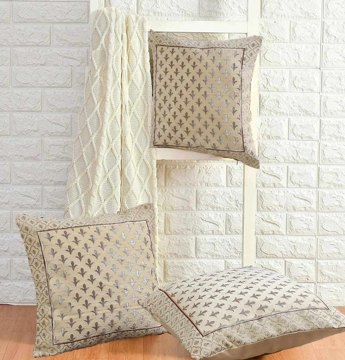 DECOMIZER Jacquard Geomteric Cushion Covers 24 inch x 24 inch Set of 3 Ethnic Motifs Cushion Covers,Design- Star,Color- Cream
