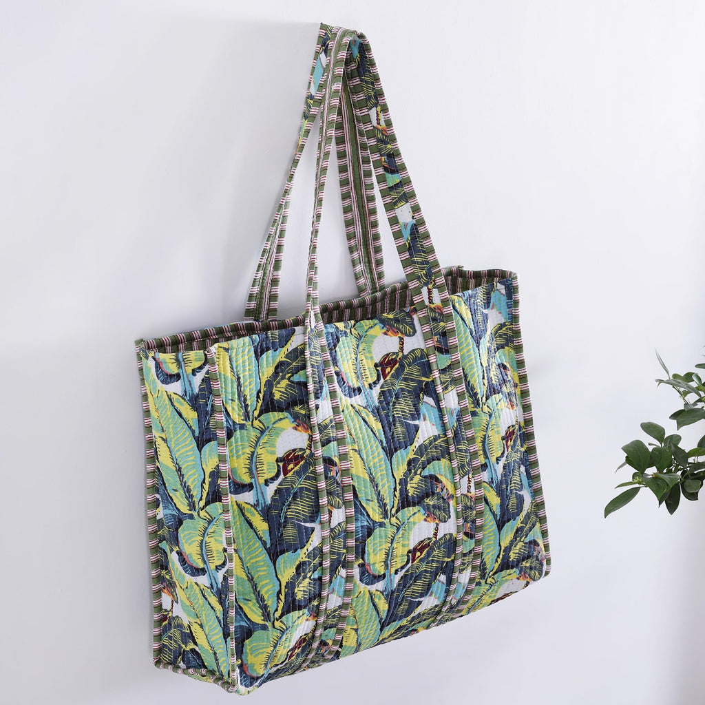 Ravaiyaa - Attitude is everything Women & Man Beautiful Printed Cotton Grocery Shopping Bag | Shoulder Bag | Cotton Tote Bag | Travel Tote Bags 18x5.5x16 Inch (Green Blue Leaf)