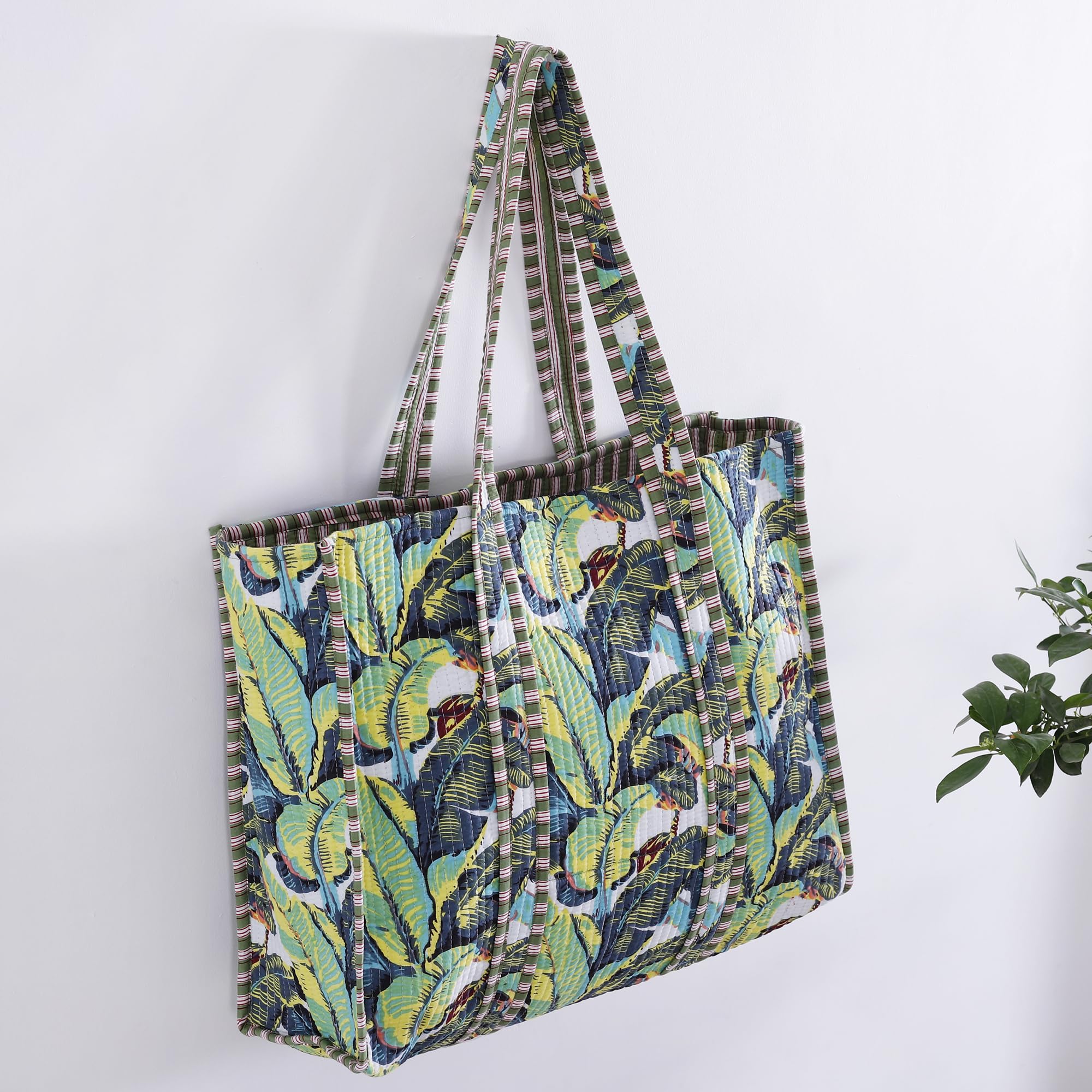 Ravaiyaa - Attitude is everything Women & Man Beautiful Printed Cotton Grocery Shopping Bag | Shoulder Bag | Cotton Tote Bag | Travel Tote Bags 18x5.5x16 Inch (Green Blue Leaf)