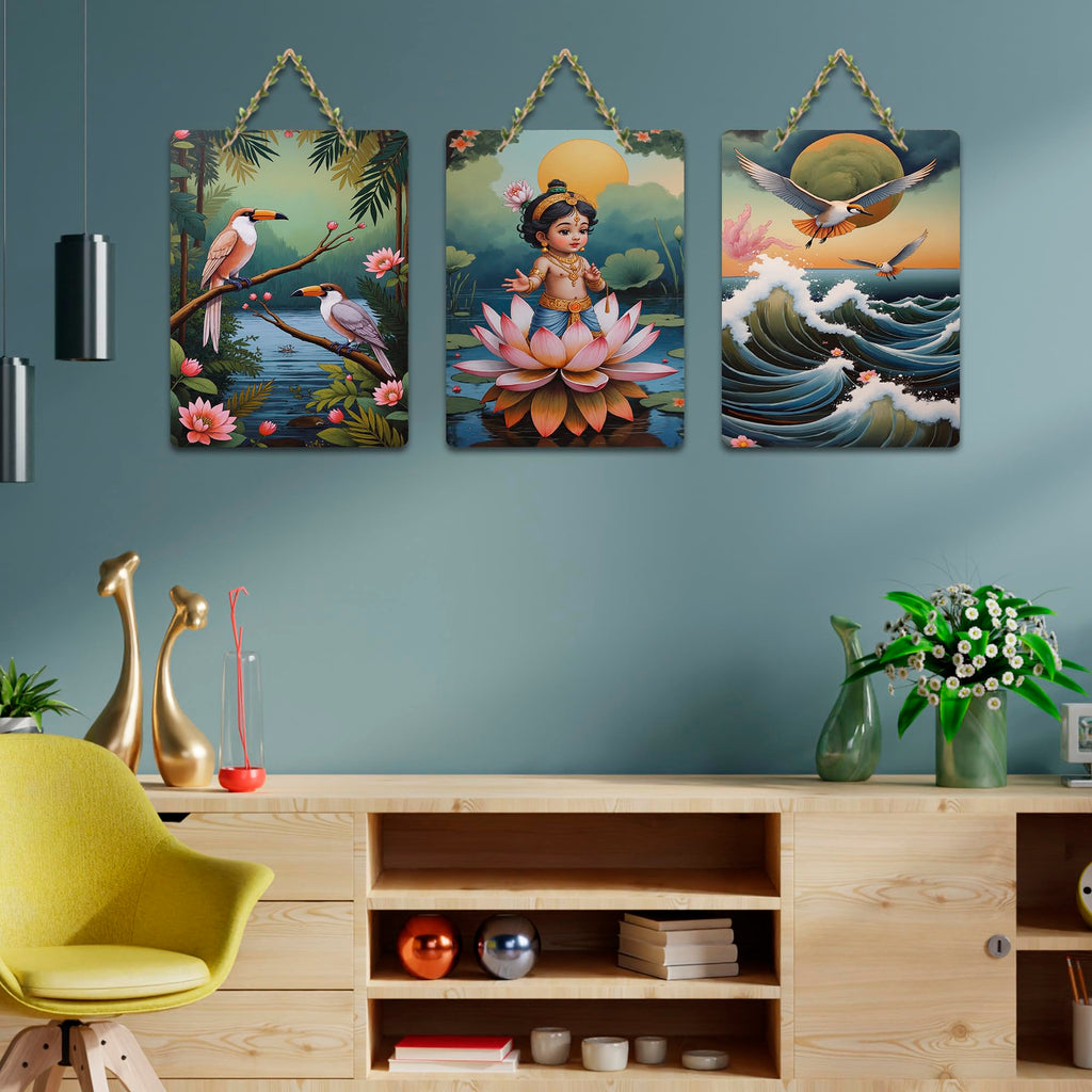 Artvibes Sacred Baby Krishna With Lotus & Birds Wooden Wall Hanger for Home | Spiritual Decor Items | Wall Poster | Artwork| Stylish Modern Decor Item | Gift Items (WH_9637N), Set of 3
