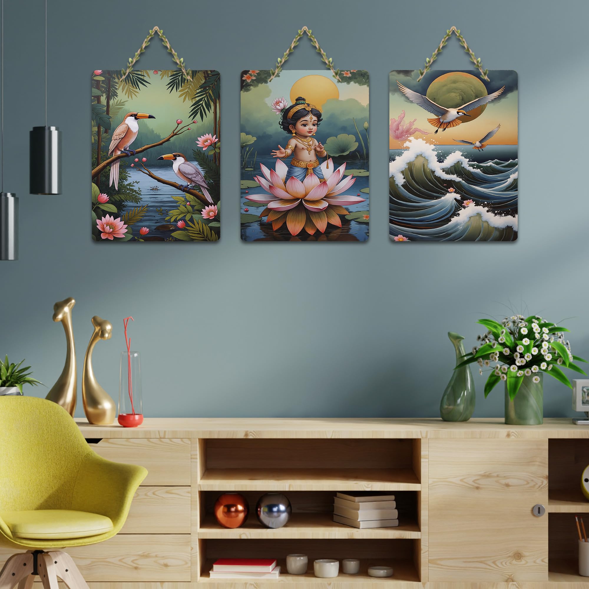 Artvibes Sacred Baby Krishna With Lotus & Birds Wooden Wall Hanger for Home | Spiritual Decor Items | Wall Poster | Artwork| Stylish Modern Decor Item | Gift Items (WH_9637N), Set of 3