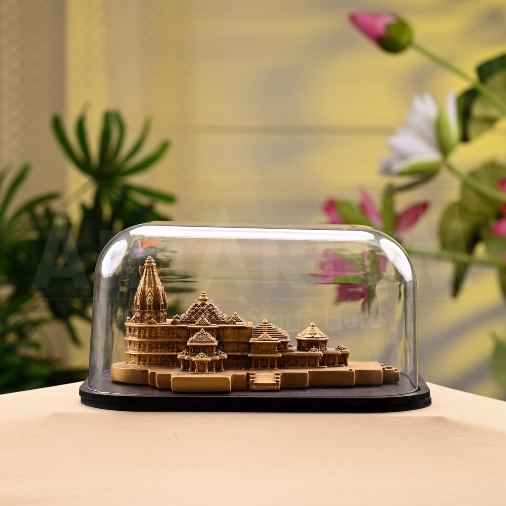 Artarium Ram Mandir Ayodhya Model with Acrylic Glass Cover & Wooden Base (7.25 Inch), Ram Lalla Temple Replica Decorative Showpiece for Home Decor, Pooja Room, Office & Gift