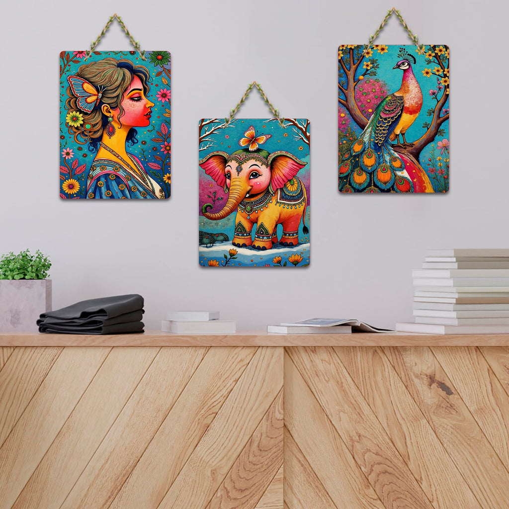 Artvibes Vibrant Portrait, Elephant and Peacock Wooden Wall Hanger for Home Decor | Handcrafted Art | Festive Decor | Wall Art Print | Paintings For Wall | Unique Gift Items (WH_9615N), Set of 3