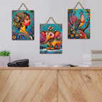 Artvibes Vibrant Portrait, Elephant and Peacock Wooden Wall Hanger for Home Decor | Handcrafted Art | Festive Decor | Wall Art Print | Paintings For Wall | Unique Gift Items (WH_9615N), Set of 3