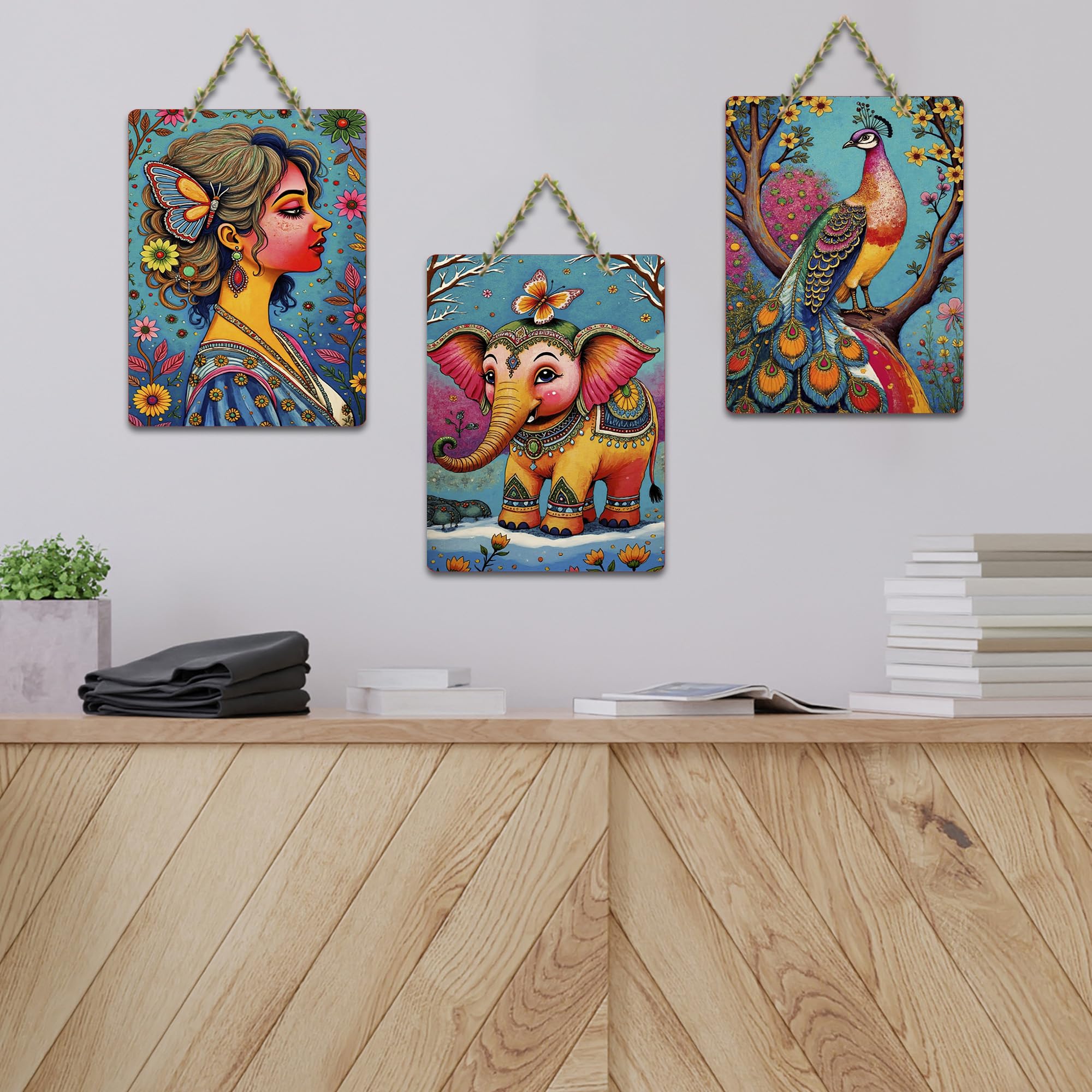 Artvibes Vibrant Portrait, Elephant and Peacock Wooden Wall Hanger for Home Decor | Handcrafted Art | Festive Decor | Wall Art Print | Paintings For Wall | Unique Gift Items (WH_9615N), Set of 3
