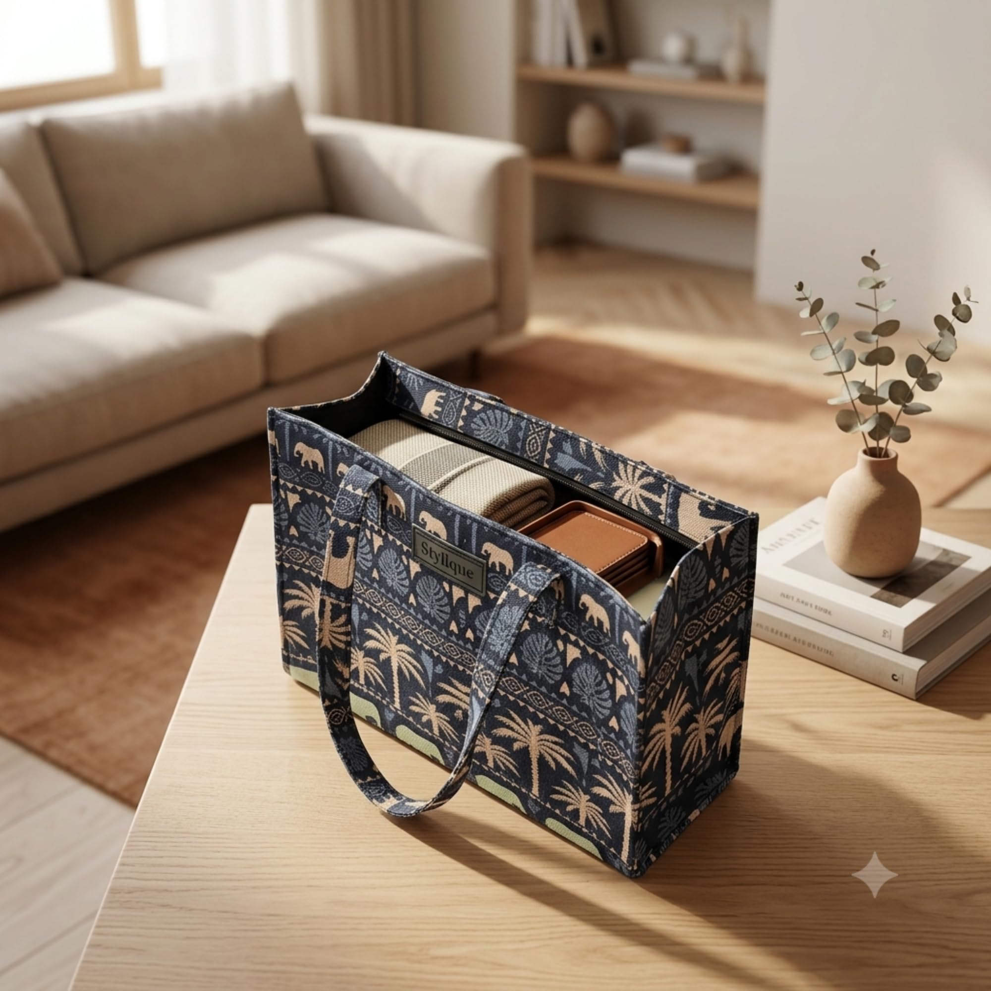 Stylique Large Canvas Jute Cotton Tote Handbag | Stylish Women Shoulder Bag | Premium Office Laptop Shopper with Zipper | Reusable College Travel Casual Work Purse (Blue)