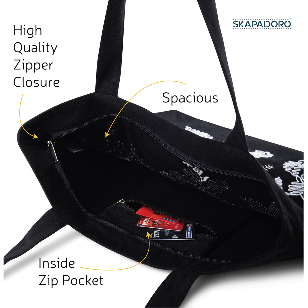 SKAPADORO Canvas Big Zip Handbag Tote,100% Cotton, Inner pocket, Unisex Embroidered Comfortable Bag for Travel Office Beach Shopping, Easy to Wash Trendy Everyday Shoulder Bag (Flowers)