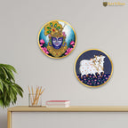 Artvibes Shrinath Ji & Cow Pichwai Art Round Shape MDF Wooden Wall Decor Items | Living Room | Handcrafted Art | Wall Illustrations | Art Prints | Aesthetic Wall Art | Ideal Gifts (WH_8807N), Set of 2