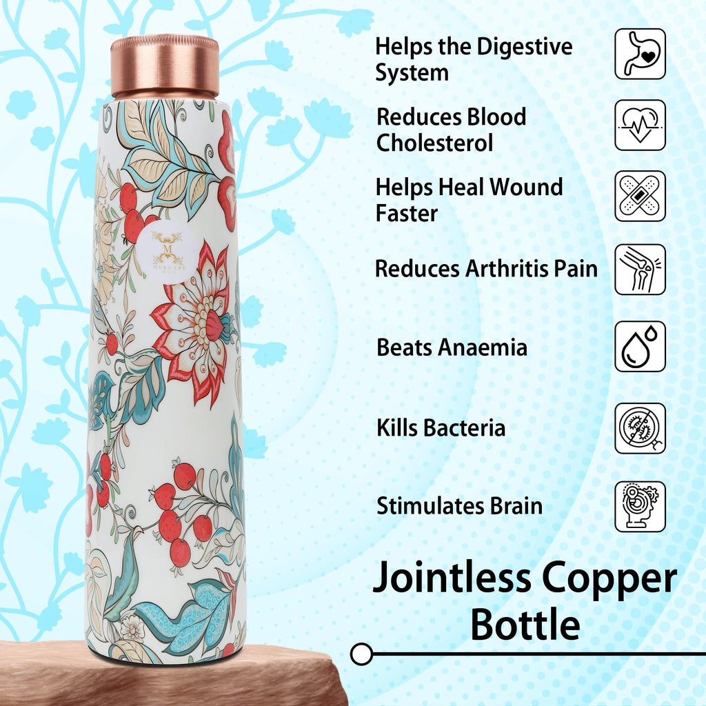 MERCAPE® Pure Copper Water Bottle 950 ml with Leak Proof Lid | Printed Floral Design Copper Bottle for Home, Office, Gym & Yoga | BPA Free Reusable Ayurvedic Water Bottle for Daily Use