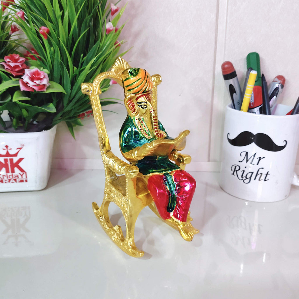 KridayKraft Metal Chair Ganesh ji Reading Book with Meenakari Work,Ganesha Metal Statue for Pooja & Home, Office Décor, Car Dashboard Religious Showpiece for Decoration & Gifting Article