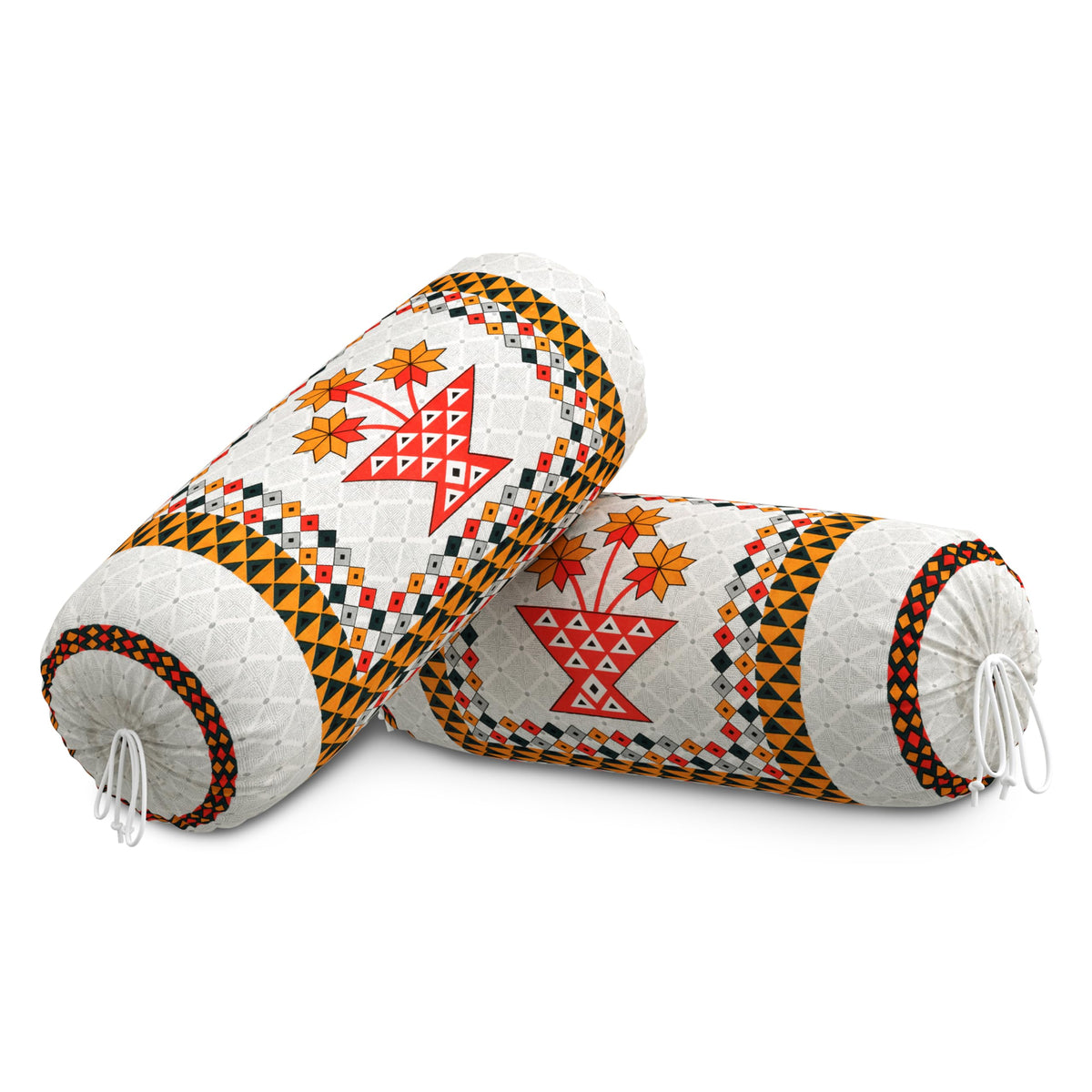 BLOCKS OF INDIA Cotton Hand Block Printed Bolster Cover | Booster Cover with Drawstring | Round Long Pillow Cover for Bed | Dewan Pillow Cover Set 16 X 32 | Set of 2 (Peach Star)