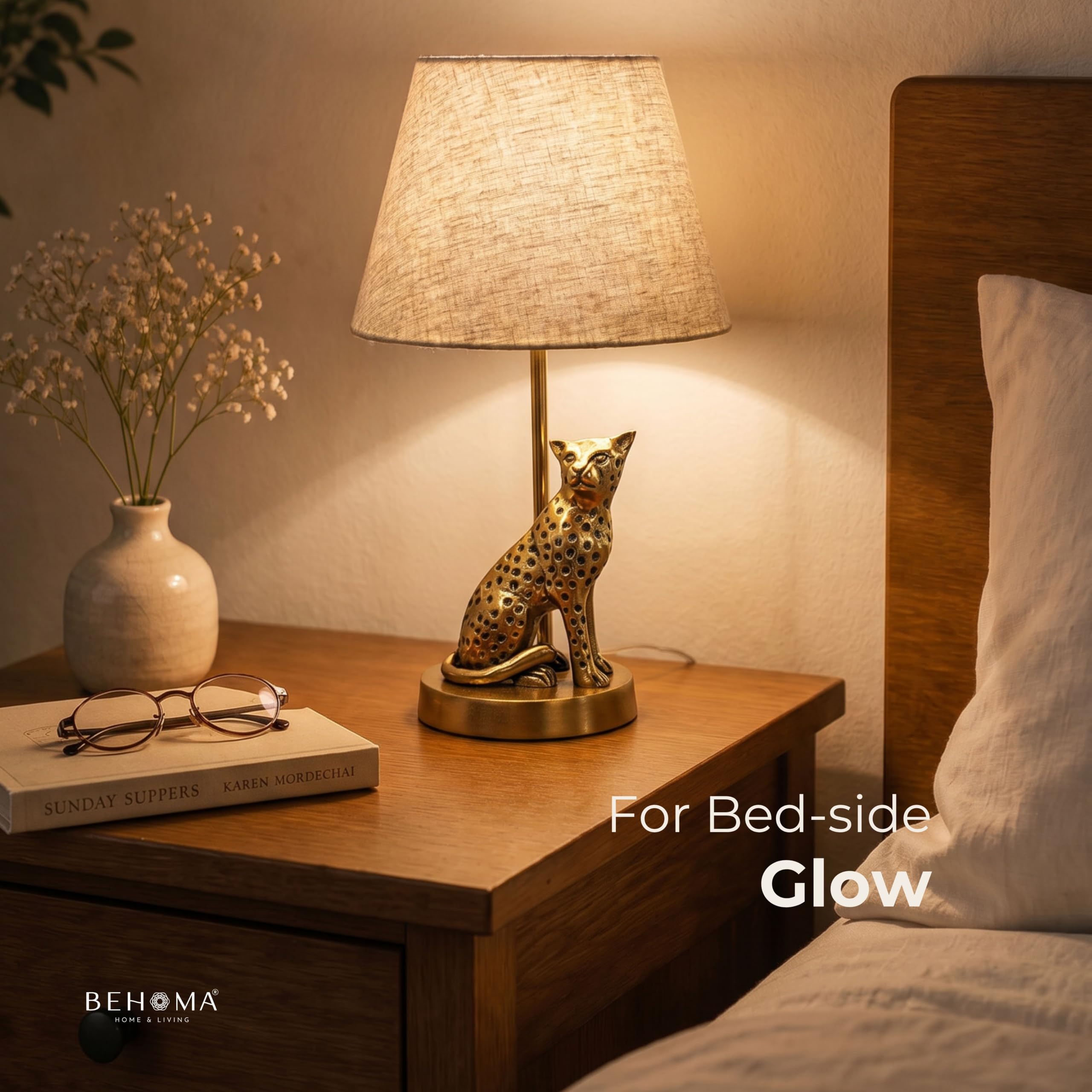 BEHOMA Jaguar Table Lamp with Antique Metal Base & Fabric Shade