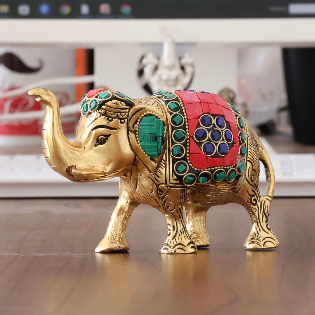KridayKraft Metal Elephant Medium Size with Stone Work for Showpiece Enhance Your Home,Office & Table and Gift for Have House Warming Anniversaries, Birthday..