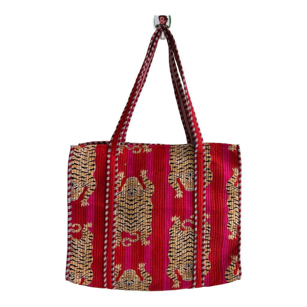 Vaishnav Exports Quilted Cotton Handbag | Red and Pink Tiger Print Pattern | Corduroy Texture | Handcrafted Everyday Tote Bag for Womens