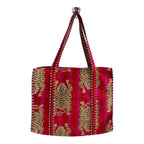 Vaishnav Exports Quilted Cotton Handbag | Red and Pink Tiger Print Pattern | Corduroy Texture | Handcrafted Everyday Tote Bag for Womens