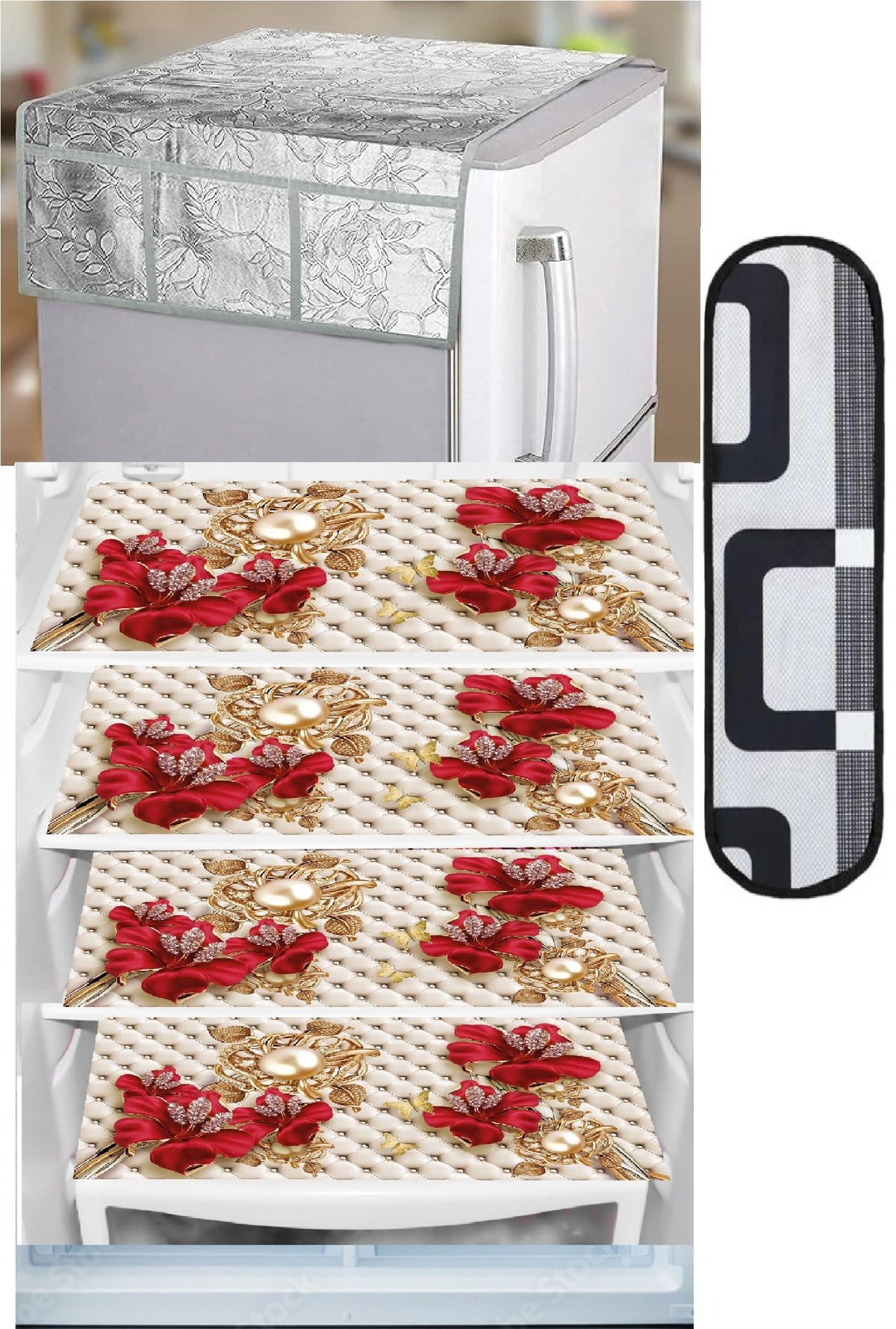 REVEXO Kitchen Combo Fridge Top Cover, 2 Piece Fridge Handle Cover, 4 Pcs Fridge Mats, (Set of 6 Piece) rev-012 Kafalo
