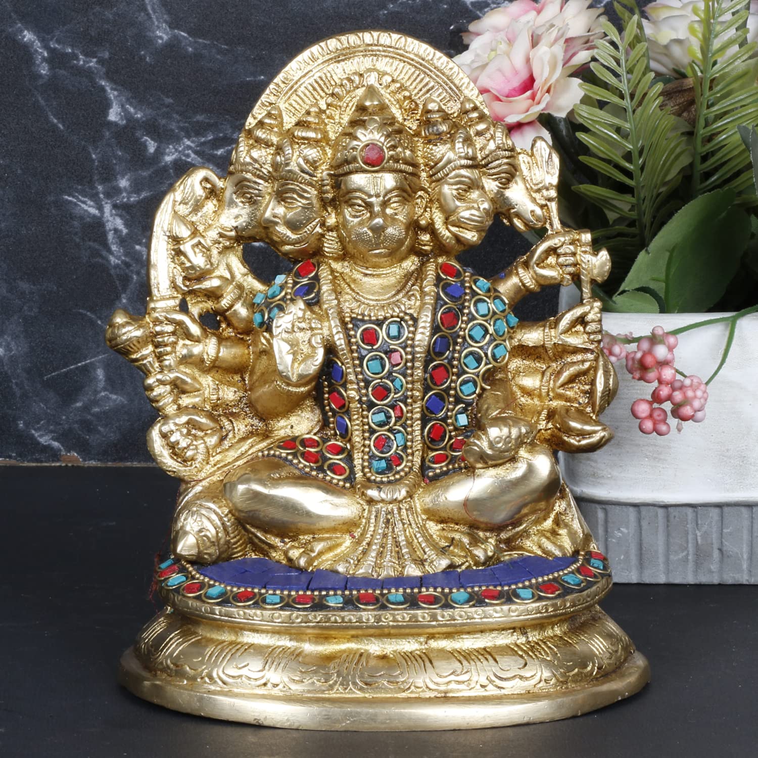 ARTVARKO Panchmukhi Bajrangbali Lord Hanuman Brass Idol for Spiritual Protection Showpiece Statue for Home Office and Gifting Height 7 Inches