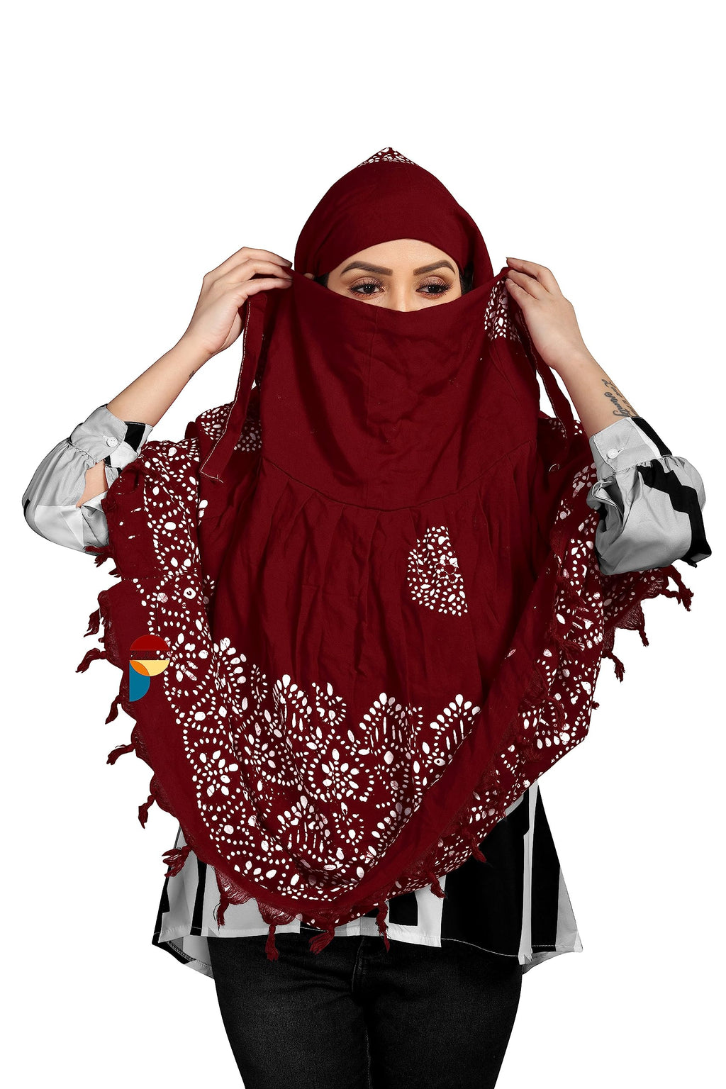 PRACHARAN Women Cotton Stylish Hand Printed Scarf, Anti Pollution Full Face Scarf With UV Sun Rays Protection Scraf For Women, Dust Scraf (Maroon Batik) For Female