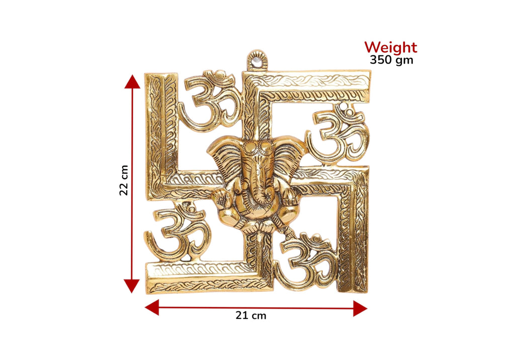 KridayKraft Ganesha Metal Statue,Ganpati Wall Hanging Sculpture,Metal Swastik Ganesha Murti Lucky For Home&Office,Gold,22 Cm