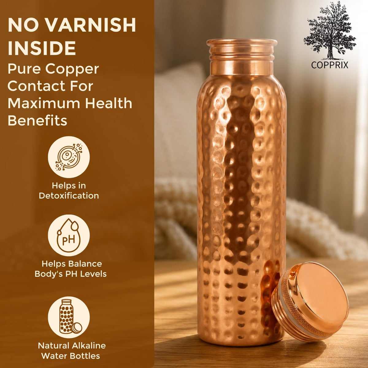 Copprix Copper Water Bottle 1 Ltr | Copper Bottle for Men & Women | 100% Pure Copper | BPA Free & Leak Proof | Easy to Carry | Suitable for Yoga, School & Office | Best for Gifting (Hammered)