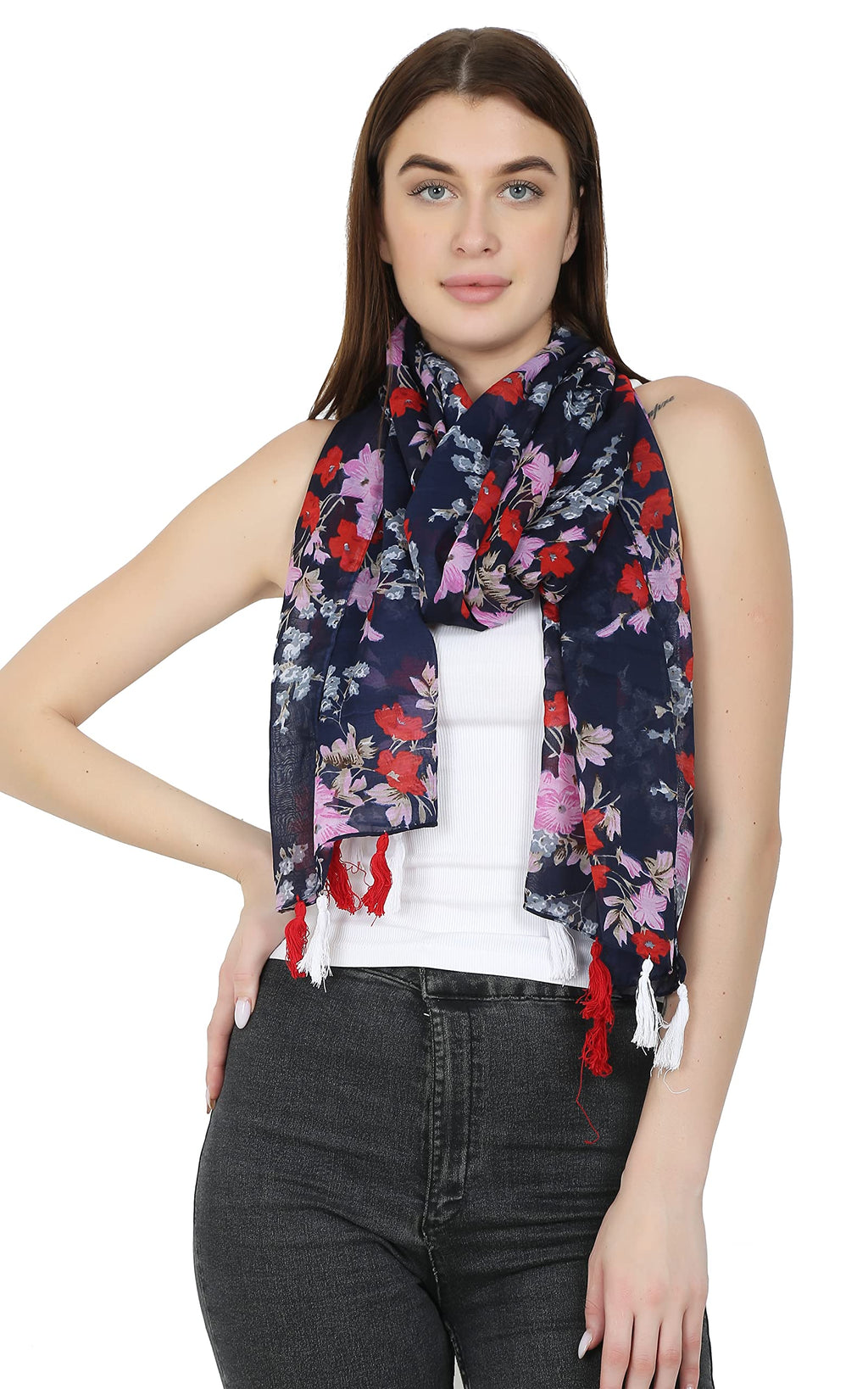 StoleVilla™ Women's Printed Poly Cotton Multicolored Scarf and Stoles with Tassels Set Of STF005