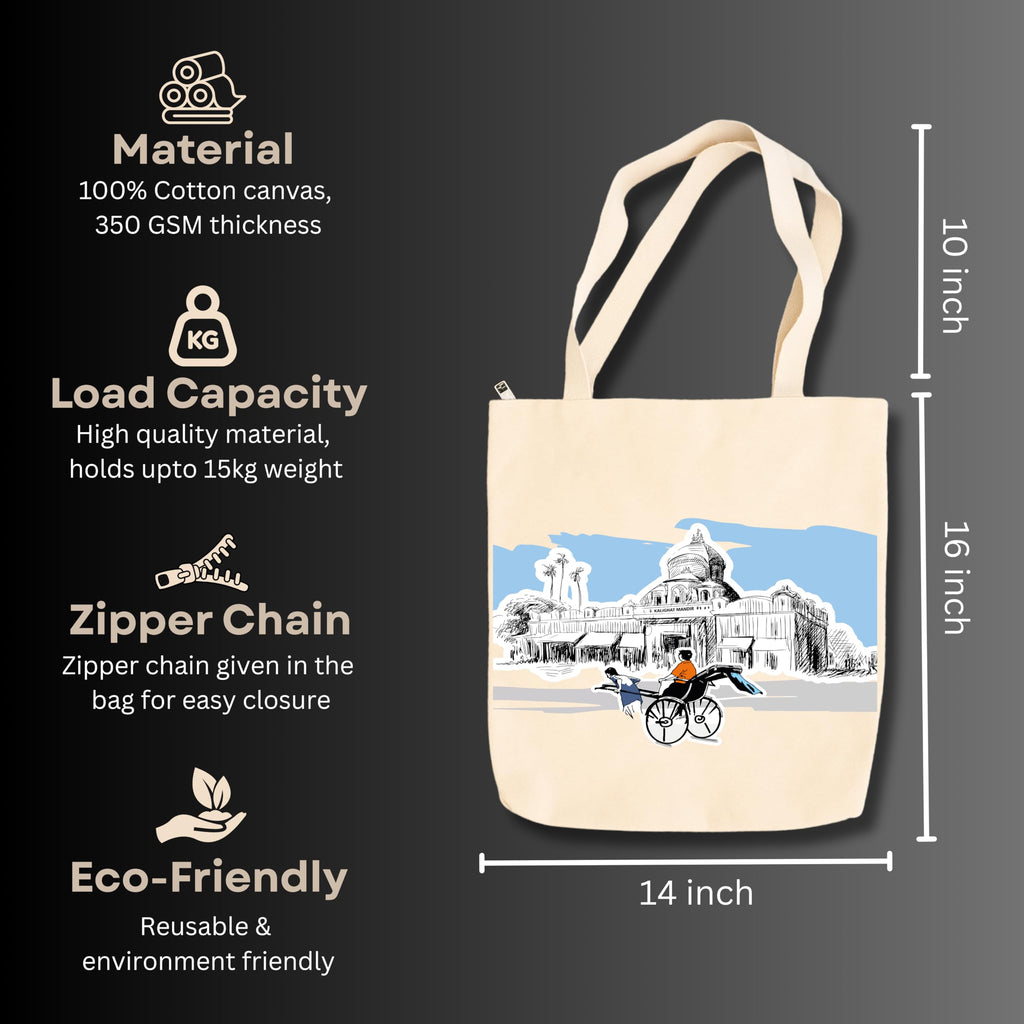 snapiq COTTON 350 GSM Canvas Tote Bag for Women and Girls Thick Fabric with Zipper (Cotton Canvas, Kolkata Art)