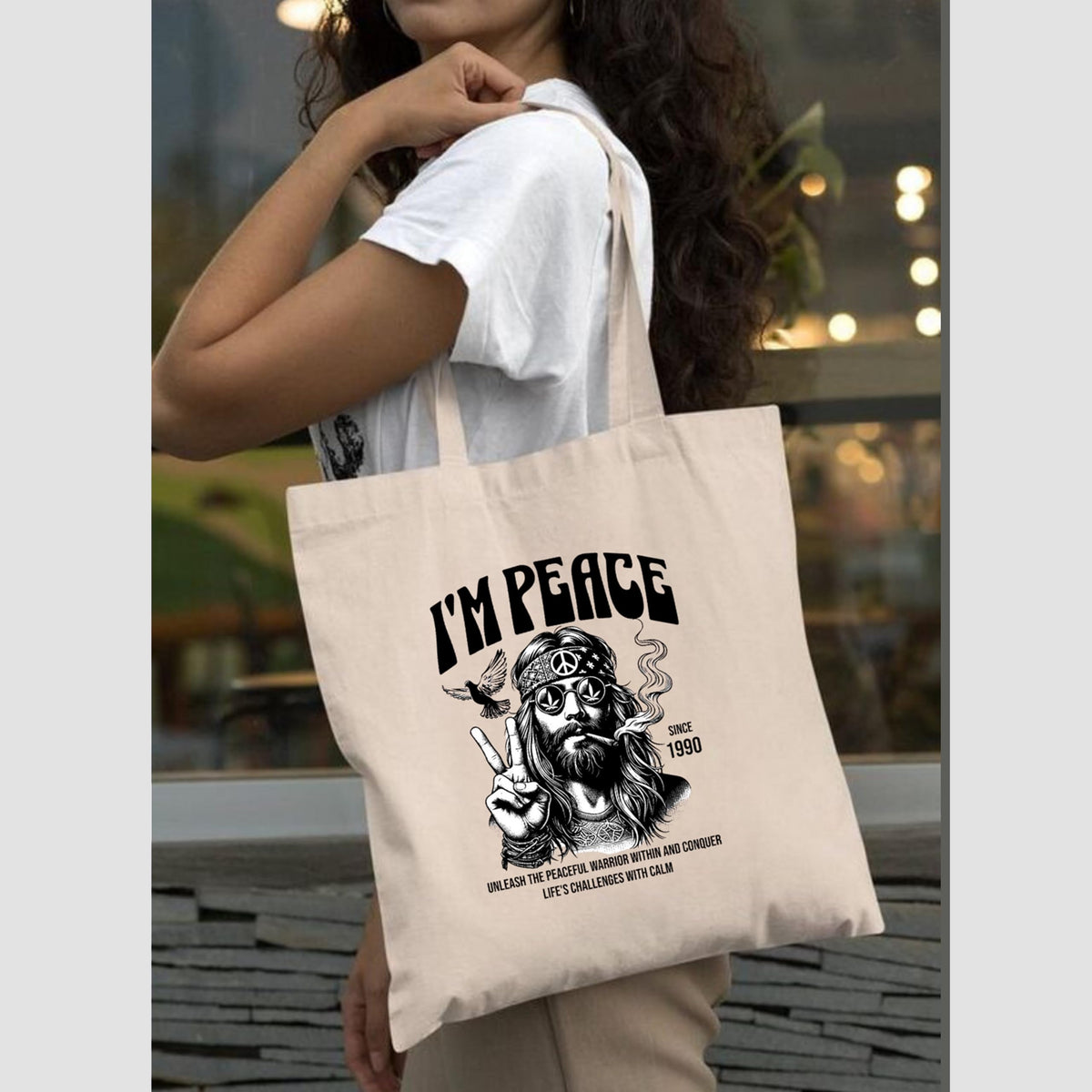 Peach Blossom Printed Cotton Zipper Tote Bags | CBAG - WHT-I M PEACE