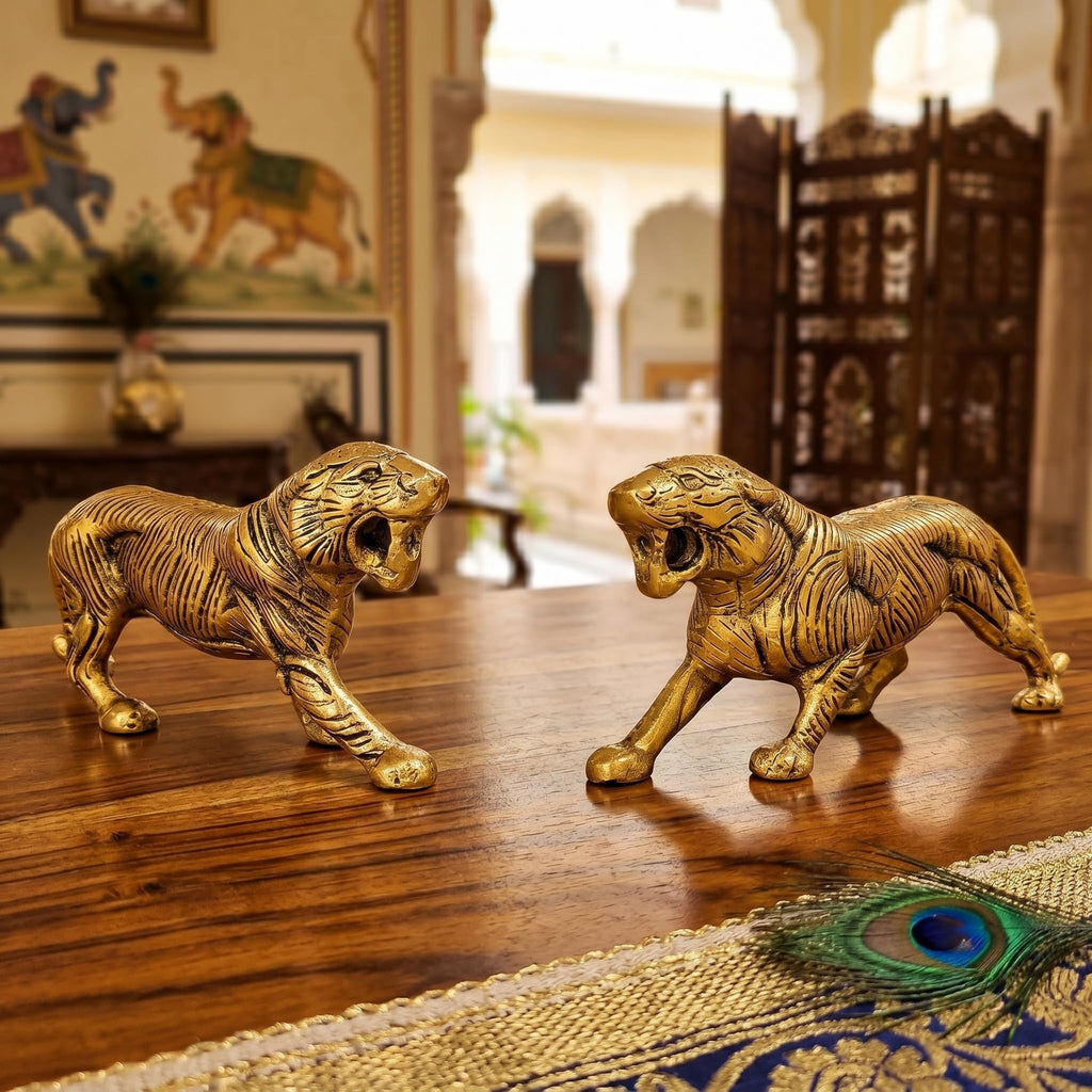 KridayKraft Golden Metal Antique Tiger 2 Pcs Set/Jaguar/Panther/Sher Figurine Table Top Decorative,Feng Shui & Vanstu,Animal Showpiece Figurines. Set of 2 pcs