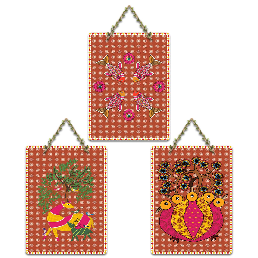Artvibes Madhubani Inspired Ethnic Village Life Art Decorative Wall Art MDF Wooden Wall Hanger for Home | Printed Wall Decoration | Wall Illustrations | Graphic Art | Gift Items (WH_9676N), Set of 3