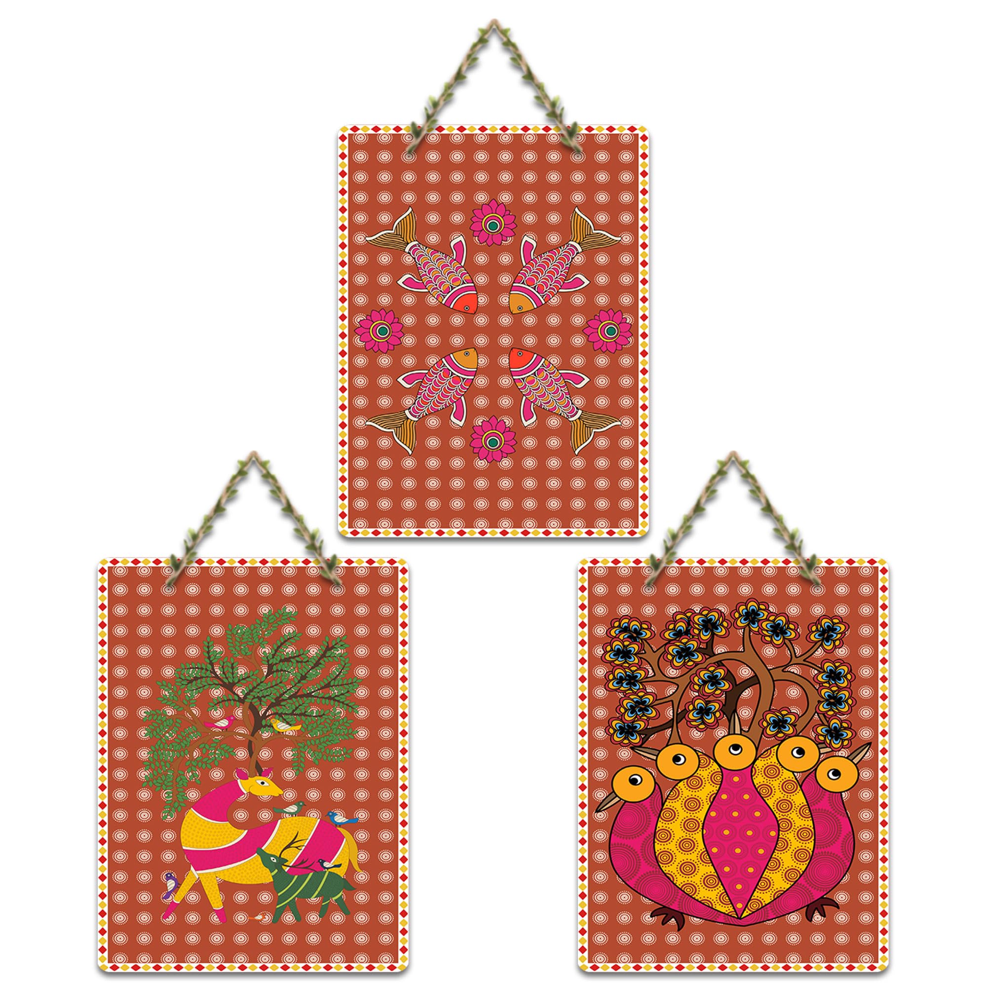 Artvibes Madhubani Inspired Ethnic Village Life Art Decorative Wall Art MDF Wooden Wall Hanger for Home | Printed Wall Decoration | Wall Illustrations | Graphic Art | Gift Items (WH_9676N), Set of 3