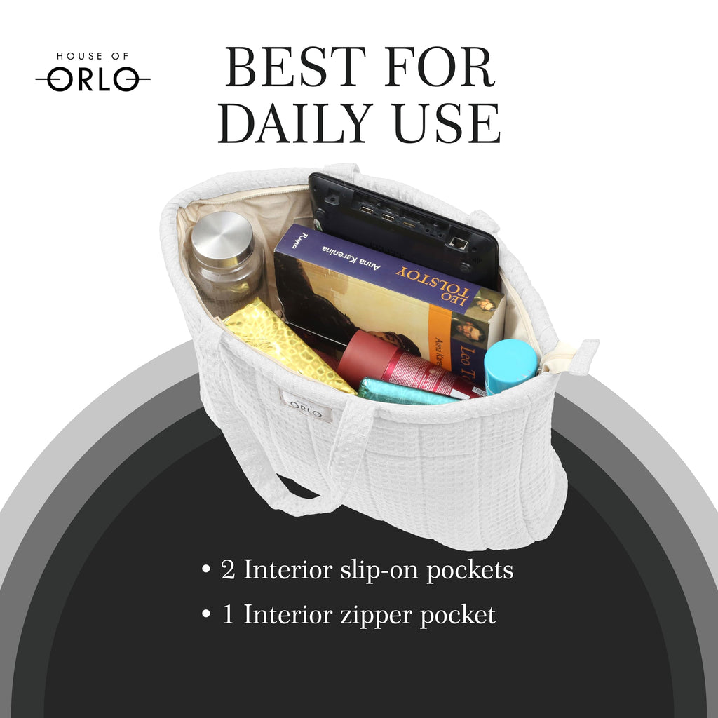 HOUSE OF ORLO Premium Cotton Waffle Quilted Tote Bag, Large Spacious Handbag for College, Office, Work, Travel, Shopping & Daily Use - White
