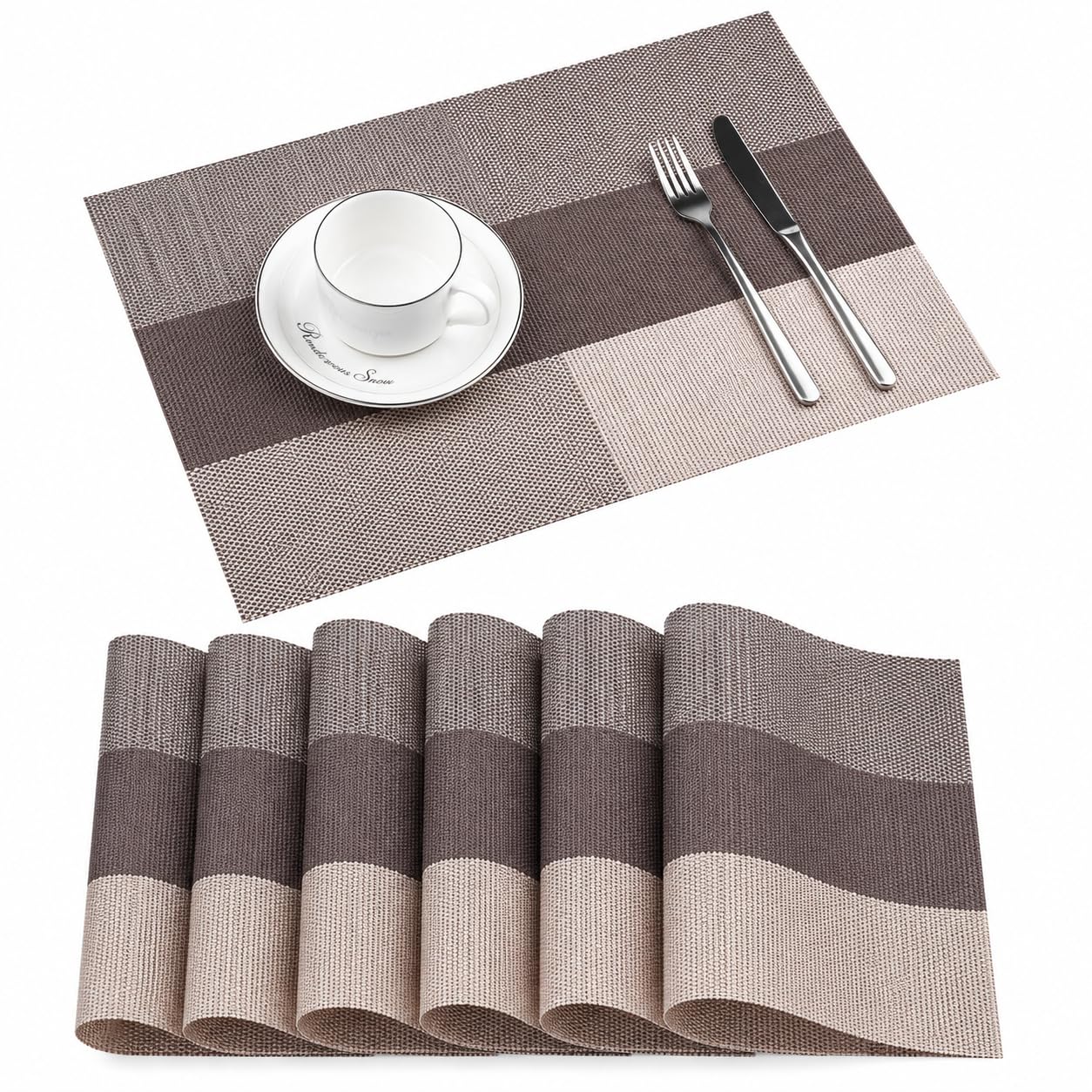 OXSAM Placemats, Heat Insulation Non-Slip Vinyl mats, Stain-Resistant Tablemats for Home and café Dining Table Décor (Brown Cream Pattern, Pack of 4) Kafalo