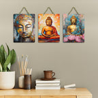 Artvibes Buddha Wooden Wall Haning for Living Room | Spiritual Decor Items | Wall Art Painting For Hall | Wall Paintings | Handcrafted Art | Ethnic Wall Decor | Gift Items (WH_96143N), Set of 3