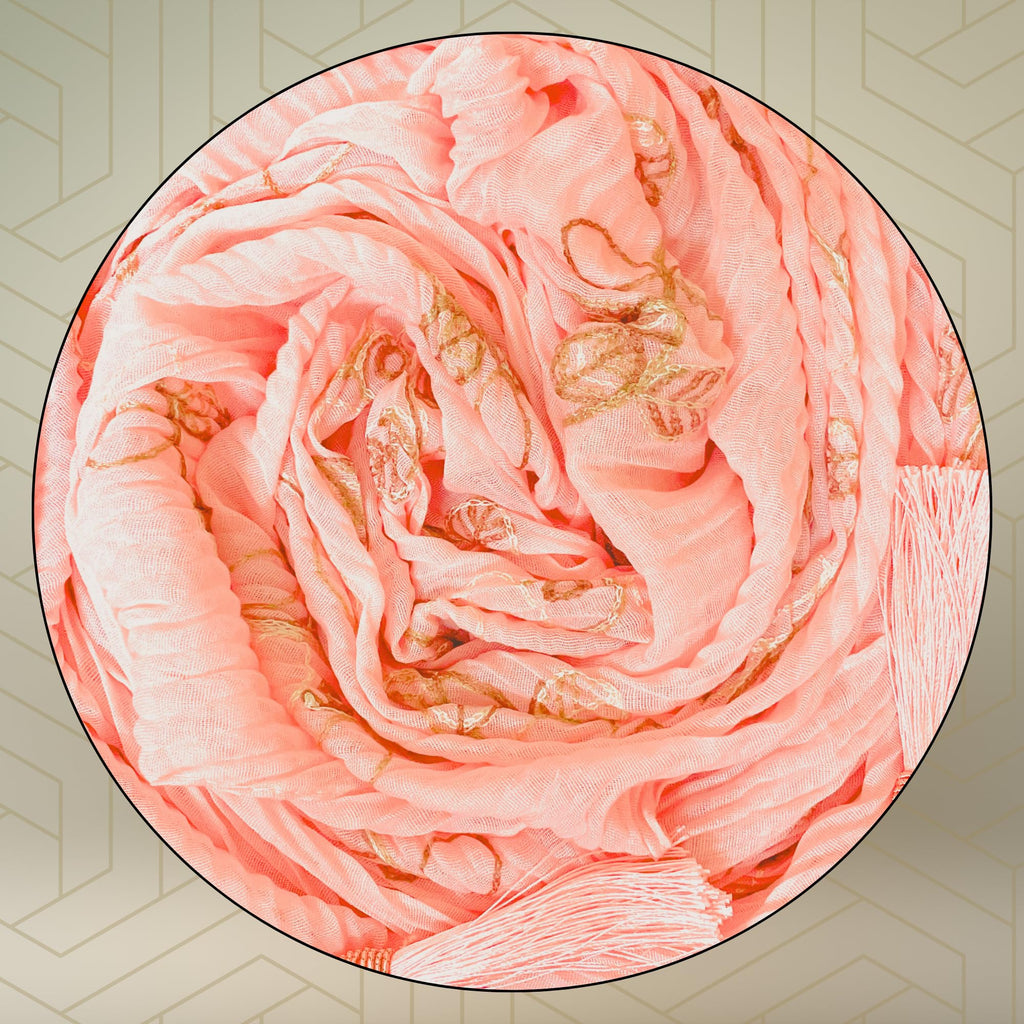 FAHABO Scarf for Women Stylish Pleated Viscose Cotton with Embroidery and Tassels | Hijab Scarf | Stole | Soft, Lightweight, and Latest Scarves | 72 x 33 Inches (Orchid Pinkish Peach)