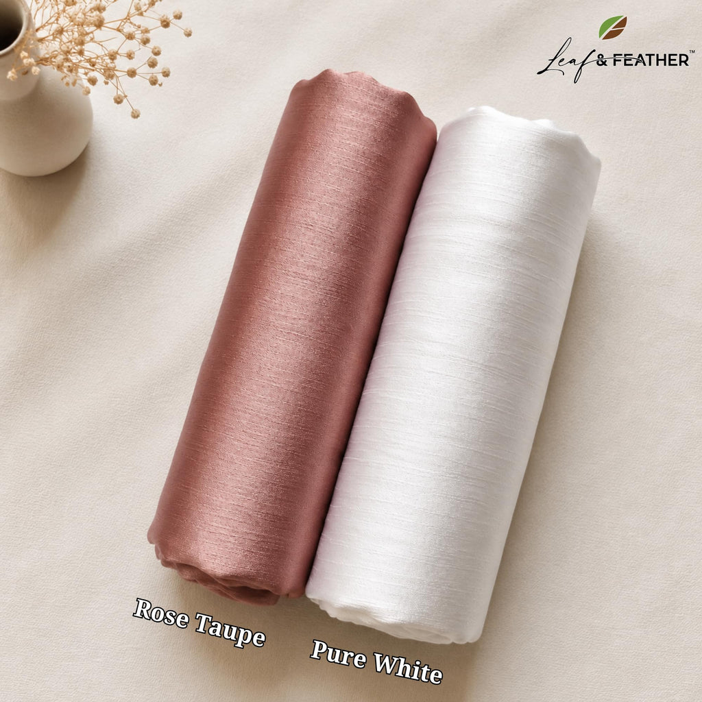 Leaf & FEATHER™ Muna Satin Hijab Scarf for Women | Pack of 2 Hijab Set | 200 x 70 cm | Silky Smooth & Lightweight | Premium Everyday Color Collection (2. Rose Taupe - Pure White)