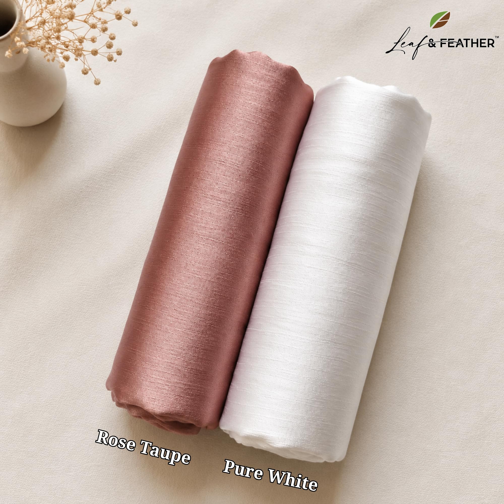 Leaf & FEATHER™ Muna Satin Hijab Scarf for Women | Pack of 2 Hijab Set | 200 x 70 cm | Silky Smooth & Lightweight | Premium Everyday Color Collection (2. Rose Taupe - Pure White)
