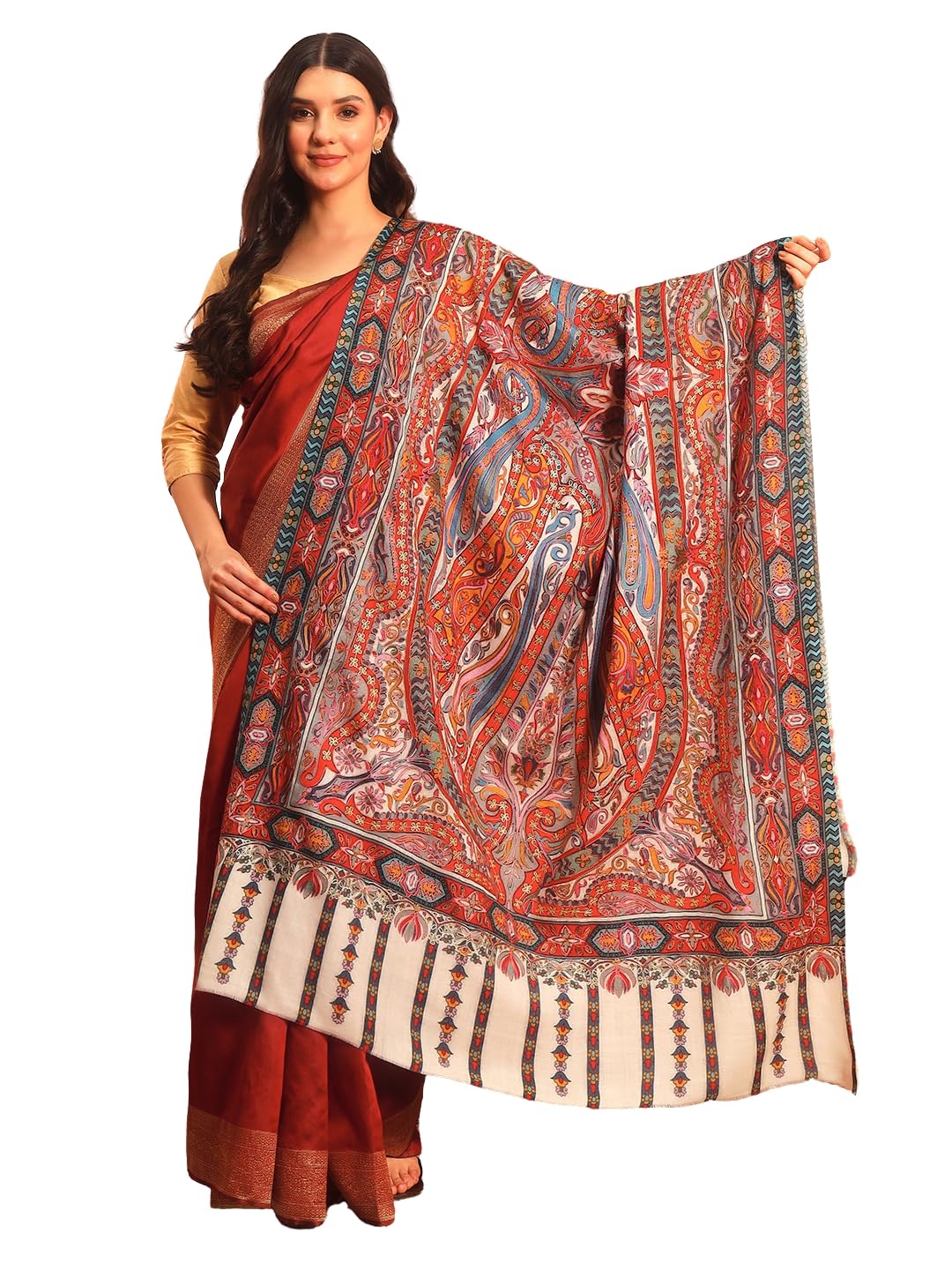 Pashmoda Women Rangrez Rangkalam 100% Pure Wool Fabric Kalamkari Embroidered Shawl (Size: 40x80in, 101x203cm) KAS23