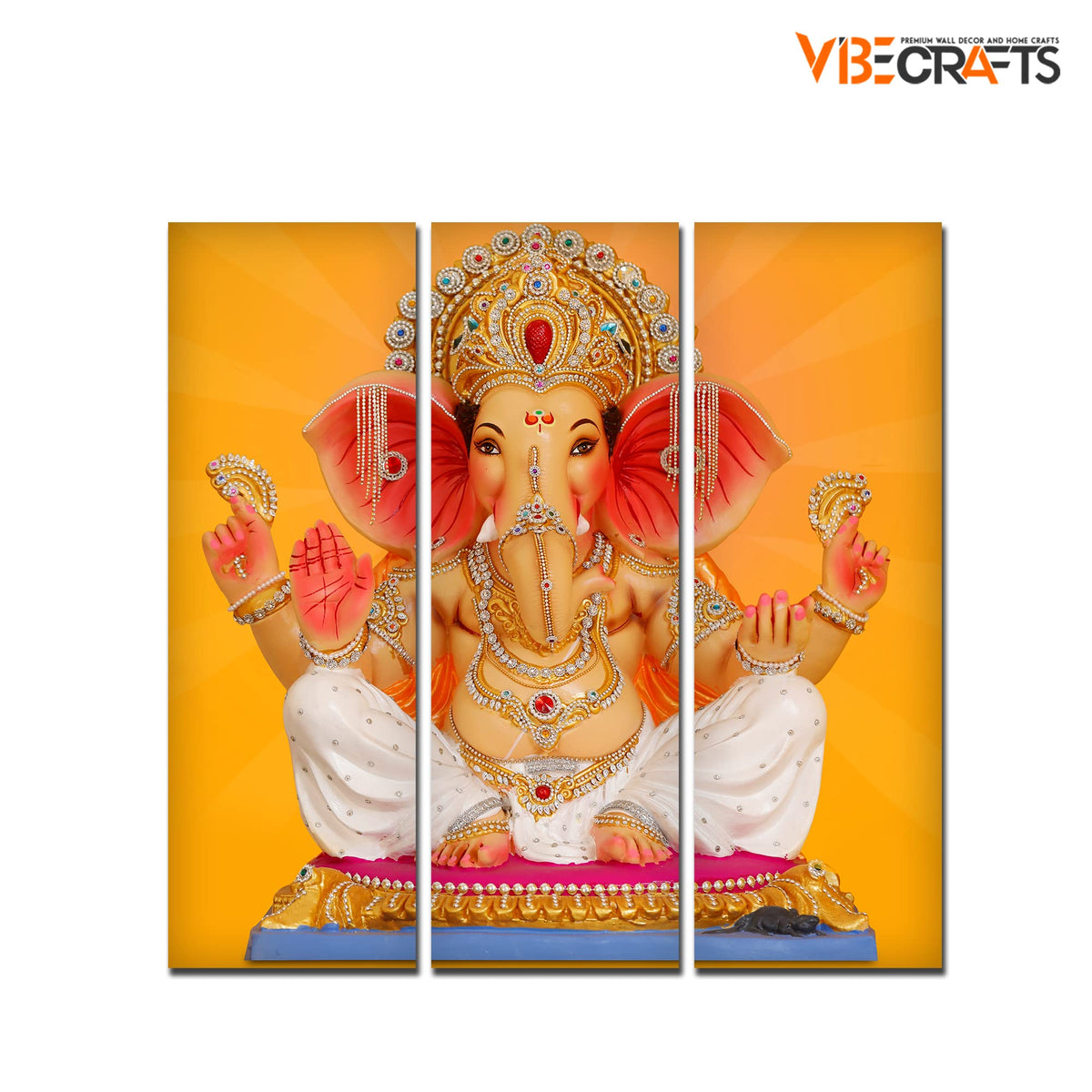 VIBECRAFTS Beautiful Ganesha 3 Pieces Canvas Wall Painting Fitted With Wooden Frame For Home | Office | Living Room | Gifts (PTVC3Pcs1_9564)