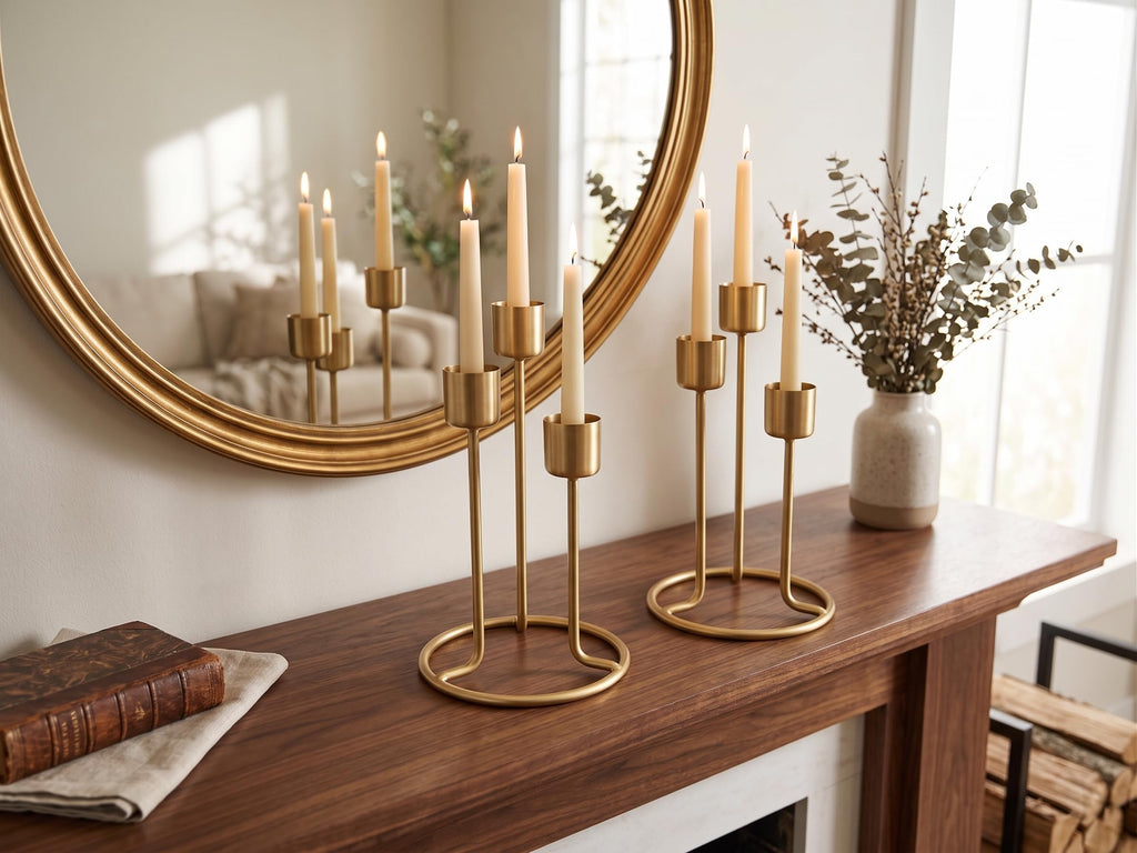 Metal Core 3-Head Gold Taper Candle Holder | Modern Metal Candelabra Centerpiece | Decorative Minimalist Candlestick Stand for Dining Table, Living Room, Weddings & Diwali Decor