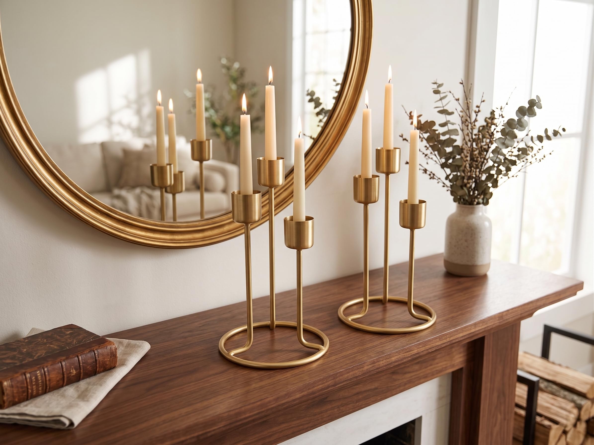 Metal Core 3-Head Gold Taper Candle Holder | Modern Metal Candelabra Centerpiece | Decorative Minimalist Candlestick Stand for Dining Table, Living Room, Weddings & Diwali Decor