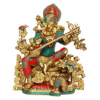 ARTVARKO Big Brass Saraswati Multicolor Statue Sitting Education Study Vidya Devi Idol Spiritual Puja Vastu Showpiece Religious Murti Sculpture Knowledge Music & Art 16 Inches