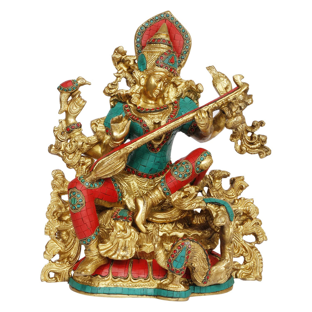 ARTVARKO Big Brass Saraswati Multicolor Statue Sitting Education Study Vidya Devi Idol Spiritual Puja Vastu Showpiece Religious Murti Sculpture Knowledge Music & Art 16 Inches