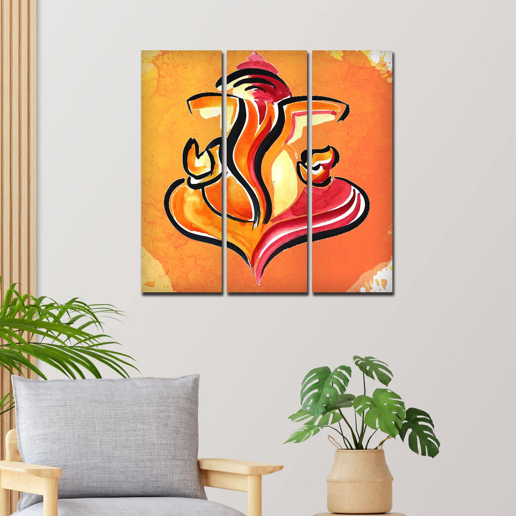 VIBECRAFTS Shree Ganesh Ji 3 Pieces Canvas Wall Painting Fitted With Wooden Frame For Home | Office | Living Room | Gifts (PTVC3Pcs1_9575)