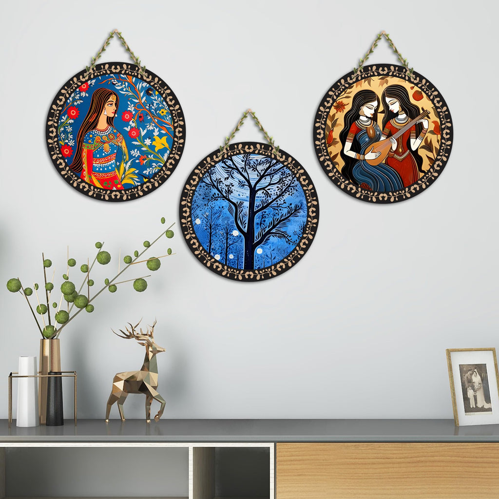 Artvibes Women Portrait Art Round Shape MDF Wooden Wall Decor Items | Living Room | Office | Cafe | Painting Wall Decor | Handcrafted Art | Wall Illustrations | Unique Gift (WH_9905N), Set of 3