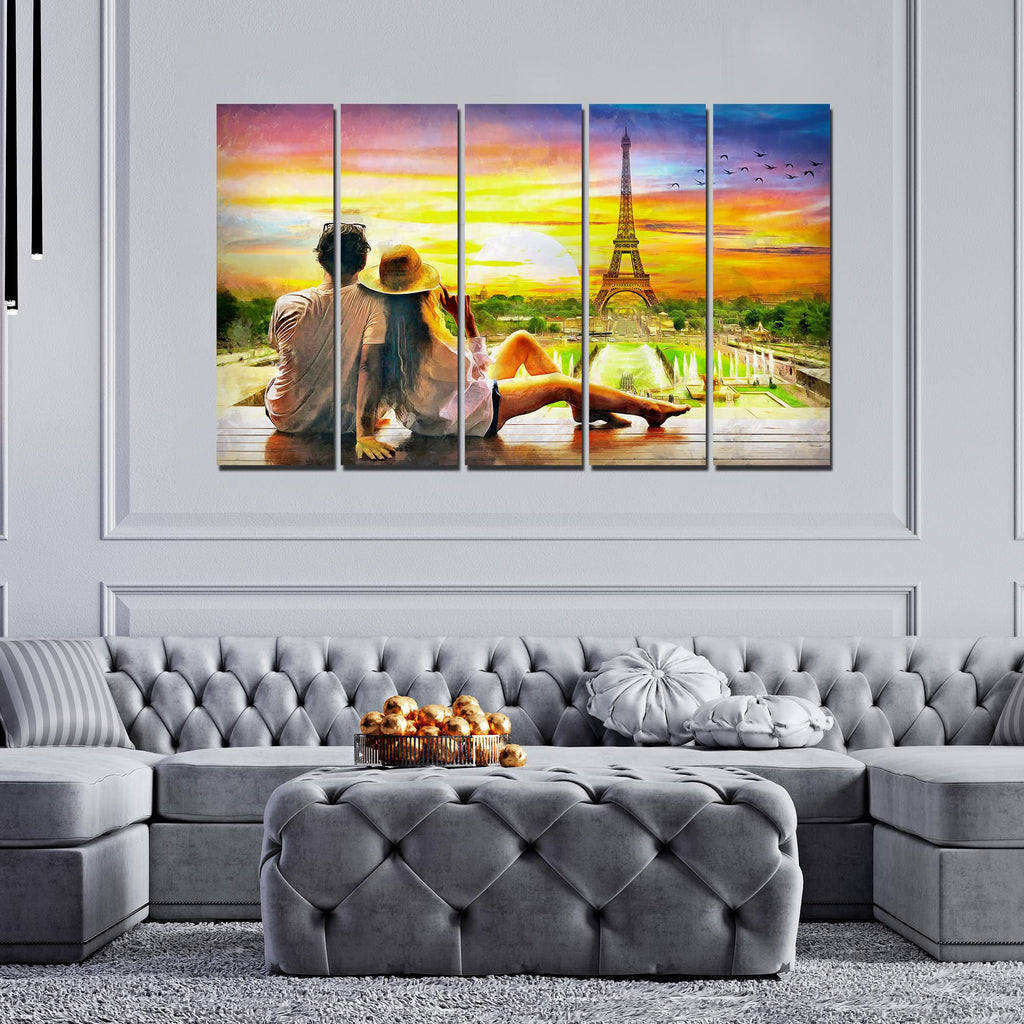 VIBECRAFTS Couple Watching Sunset Paris 5 Pieces Canvas Wall Painting For Home | Office | Living Room | Gift (PTVC5Pcs4_8524)
