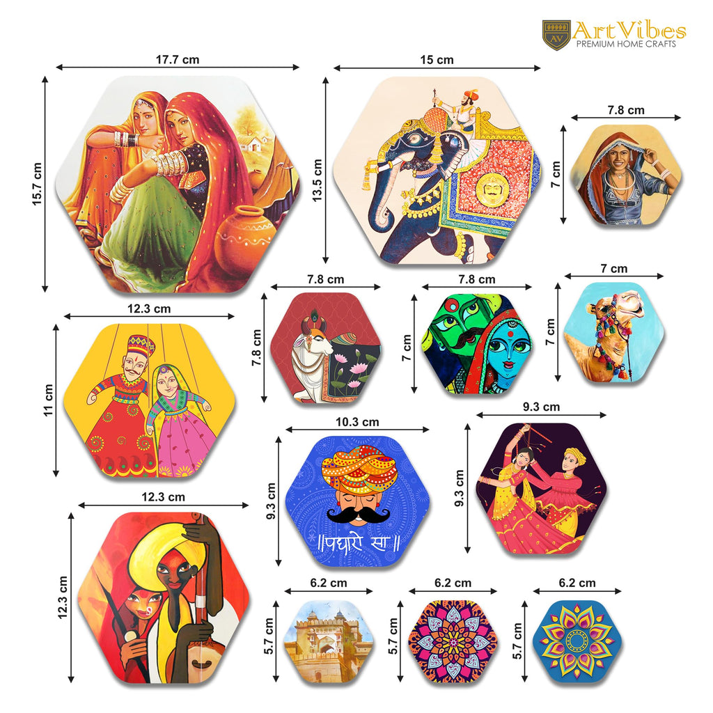 Artvibes Indian Diverse Culture Hexagon Shape MDF Wooden Wall Decor Items | Wall Sculpture | Signs & Plaques | Handcrafted Art | Artwork | Aesthetic Wooden Decor | Unique Gift (WPS_221N), Set of 13