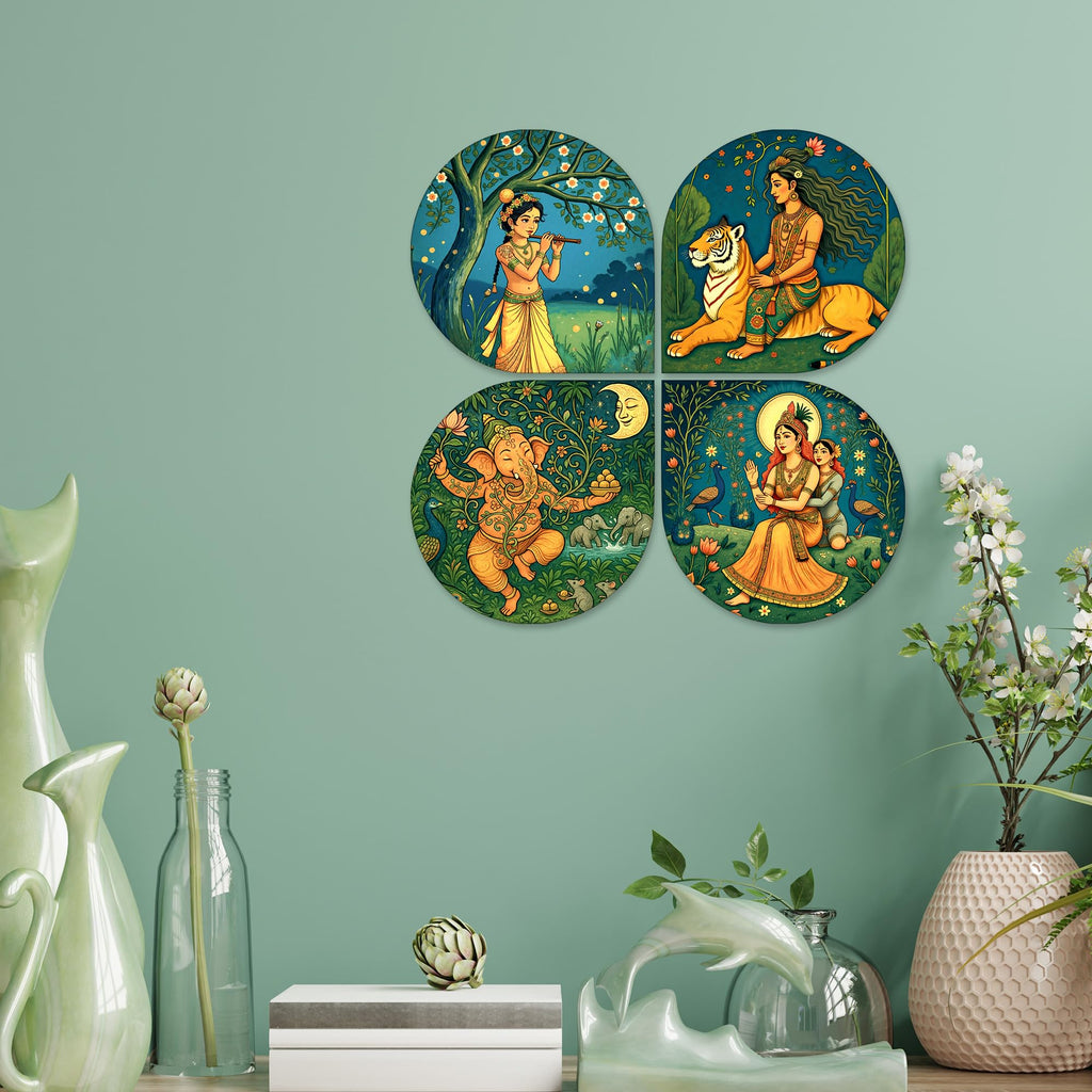 Artvibes Spiritual Decorative Wall Art MDF Wooden Wall Hanger for Living Room | Room Wall Art | Modern Decor Artwork | Living Room | Cafe | Wall Art Print | Unique Gift Items (WH_8465N), Set of 4