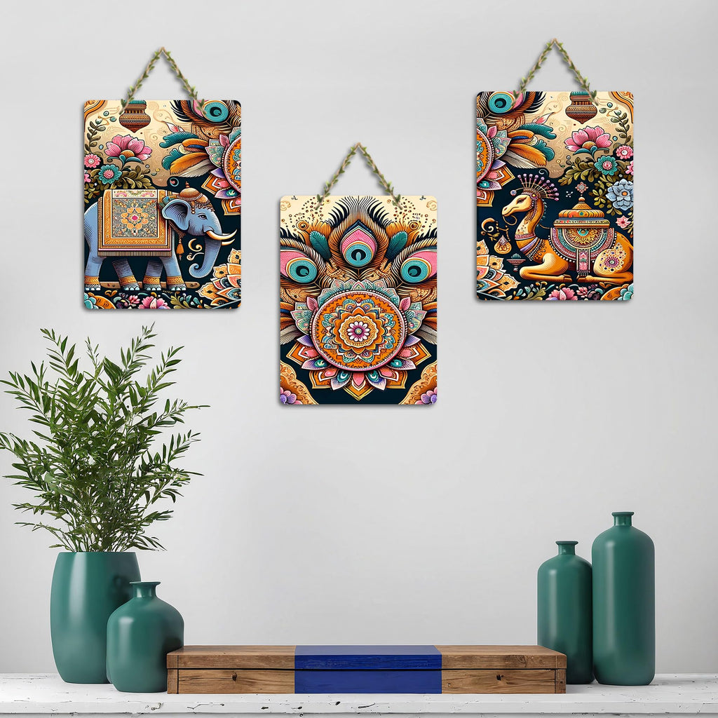 Artvibes Royal Rides Kalamkari Art Decorative Wall Art MDF Wooden Wall Hanger for Home | Room Decoration | Handcrafted Art | Wall Illustrations | Artworks Hangings | Gift Items (WH_96167N), Set of 3