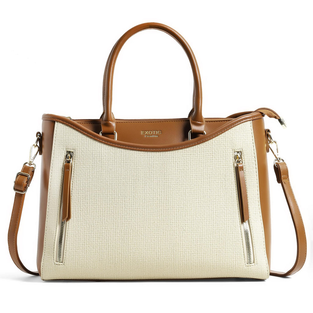 EXOTIC Alvara Tote Bag for Women | Multi-Compartment Handbag with Laptop Space, Front Zip Pockets & Luggage Sleeve | Premium PU Leatherette Work & Travel Tote (BEIGE)